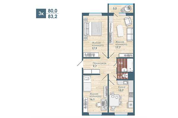 3-комнатная квартира 83,20 м² в Микрорайон Чистая слобода. Планировка