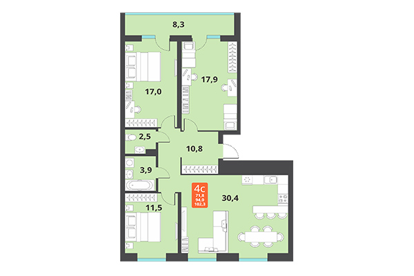 4-комнатная квартира 102,30 м² в ЖК Тайгинский парк. Планировка