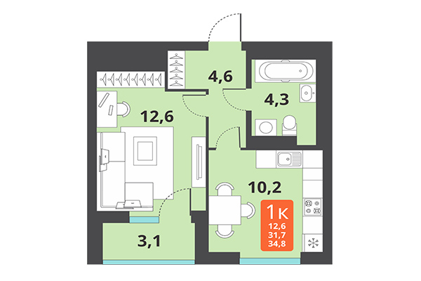 1-комнатная квартира 34,80 м² в ЖК Тайгинский парк. Планировка