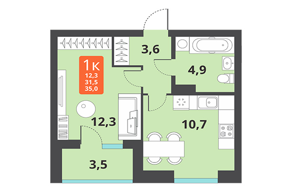1-комнатная квартира 35,01 м² в ЖК Тайгинский парк. Планировка