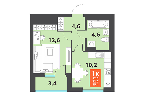 1-комнатная квартира 35,40 м² в ЖК Тайгинский парк. Планировка