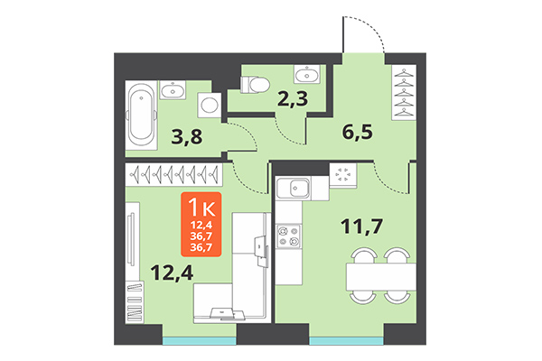 1-комнатная квартира 36,70 м² в ЖК Тайгинский парк. Планировка