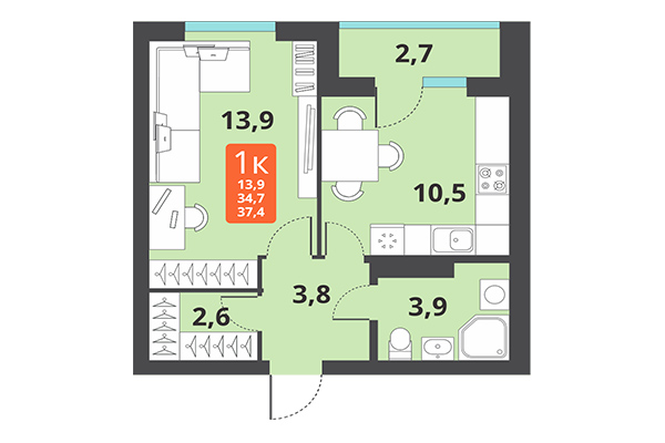 1-комнатная квартира 37,40 м² в ЖК Тайгинский парк. Планировка