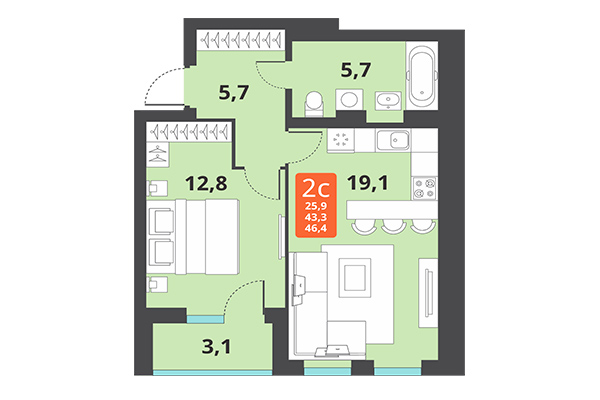 2-комнатная квартира 46,40 м² в ЖК Тайгинский парк. Планировка