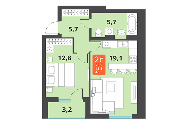 2-комнатная квартира 46,50 м² в ЖК Тайгинский парк. Планировка