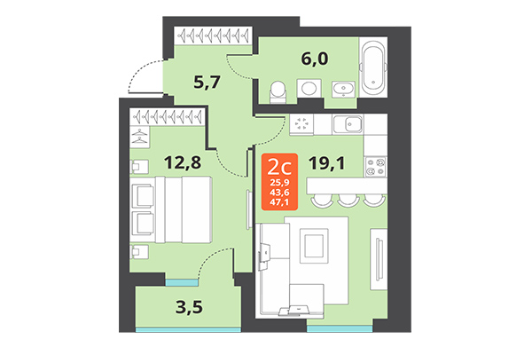 2-комнатная квартира 47,10 м² в ЖК Тайгинский парк. Планировка