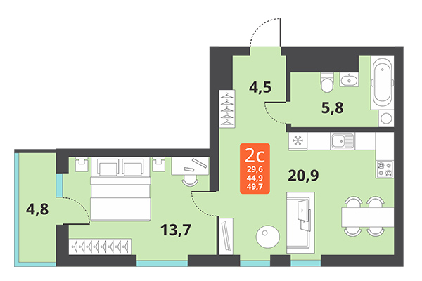 2-комнатная квартира 49,70 м² в ЖК Тайгинский парк. Планировка