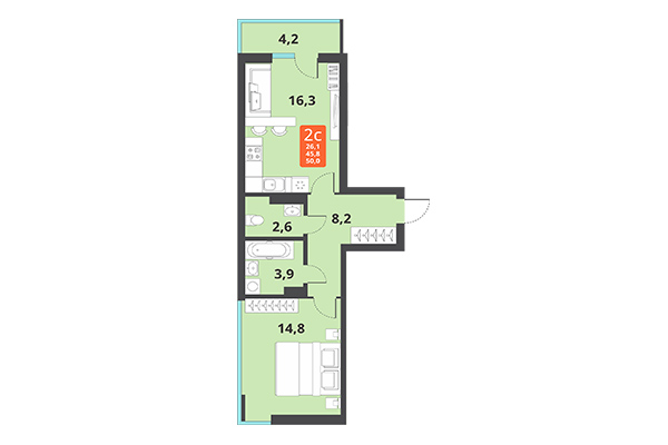 2-комнатная квартира 50,00 м² в ЖК Тайгинский парк. Планировка