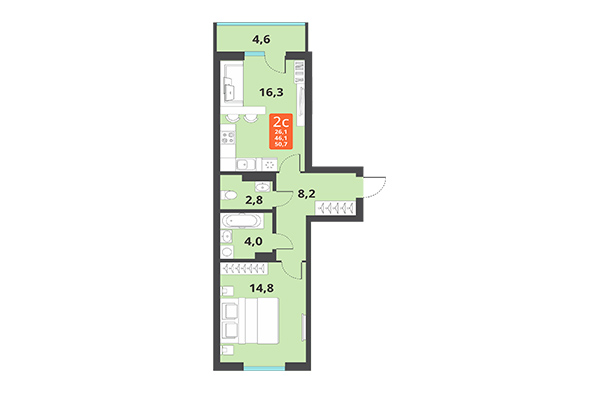 2-комнатная квартира 50,70 м² в ЖК Тайгинский парк. Планировка