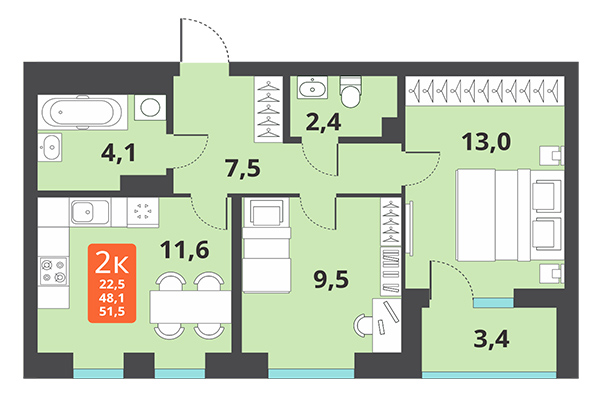 2-комнатная квартира 51,50 м² в ЖК Тайгинский парк. Планировка
