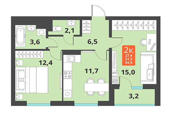 2-комнатная квартира 54,50 м² в ЖК Тайгинский парк. Планировка