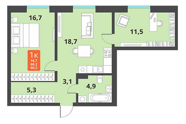 1-комнатная квартира 60,20 м² в ЖК Тайгинский парк. Планировка