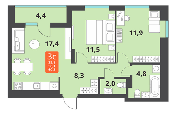 3-комнатная квартира 60,30 м² в ЖК Тайгинский парк. Планировка