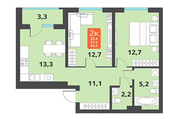 2-комнатная квартира 60,50 м² в ЖК Тайгинский парк. Планировка
