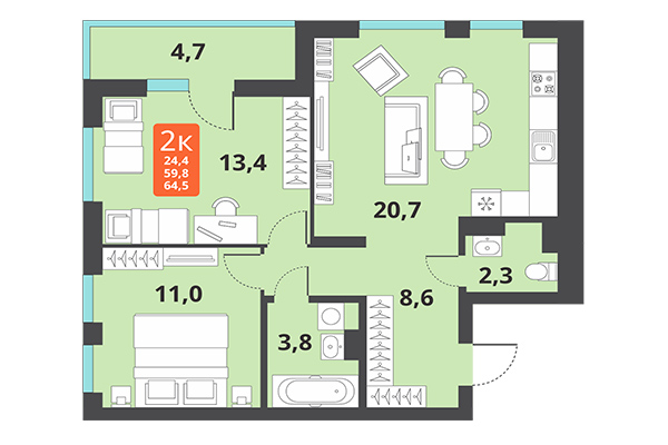 2-комнатная квартира 64,50 м² в ЖК Тайгинский парк. Планировка