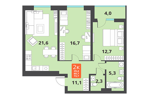 2-комнатная квартира 73,70 м² в ЖК Тайгинский парк. Планировка