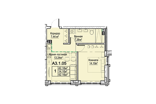 1-комнатная квартира 42,16 м² в ЖК Кварталы Немировича. Планировка