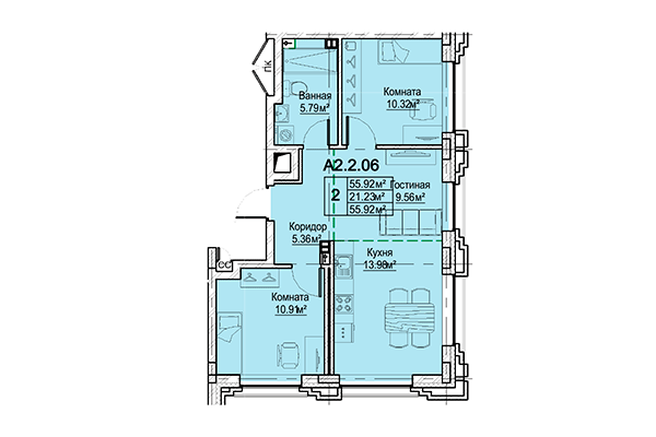 2-комнатная квартира 55,92 м² в ЖК Кварталы Немировича. Планировка