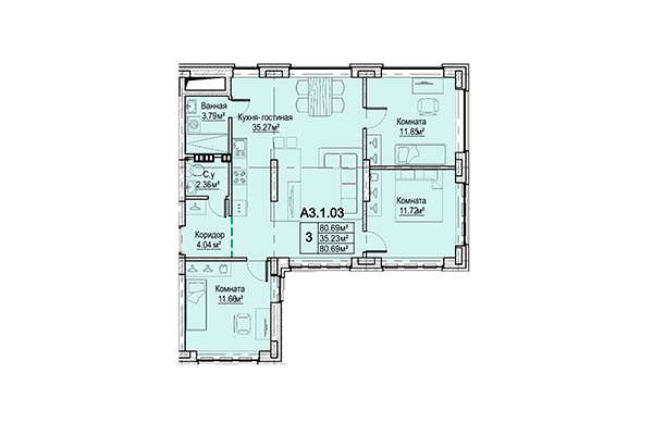 3-комнатная квартира 80,69 м² в ЖК Кварталы Немировича. Планировка