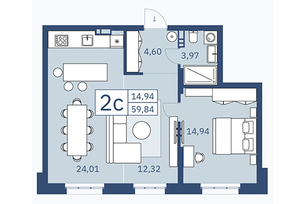 2-комнатная квартира 59,85 м² в ЖК ZOE. Планировка