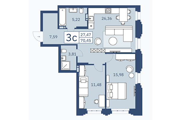 3-комнатная квартира 70,45 м² в ЖК ZOE. Планировка