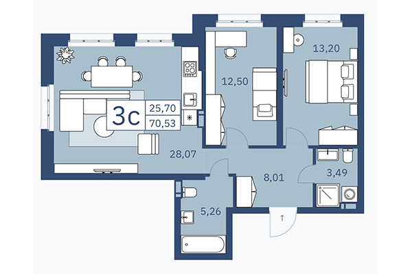 3-комнатная квартира 70,53 м² в ЖК ZOE. Планировка