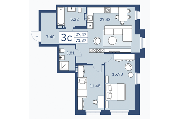 3-комнатная квартира 71,37 м² в ЖК ZOE. Планировка