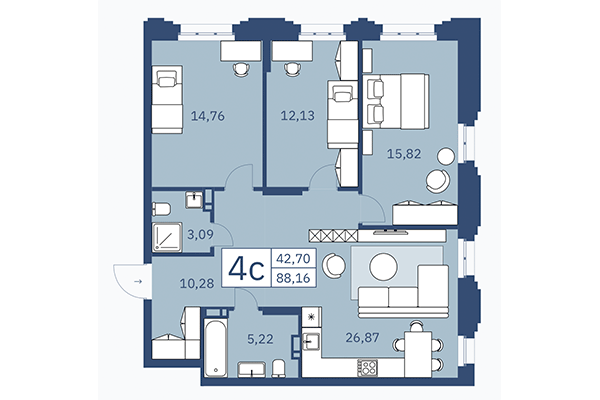 4-комнатная квартира 88,16 м² в ЖК ZOE. Планировка