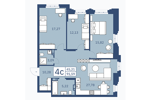4-комнатная квартира 91,59 м² в ЖК ZOE. Планировка