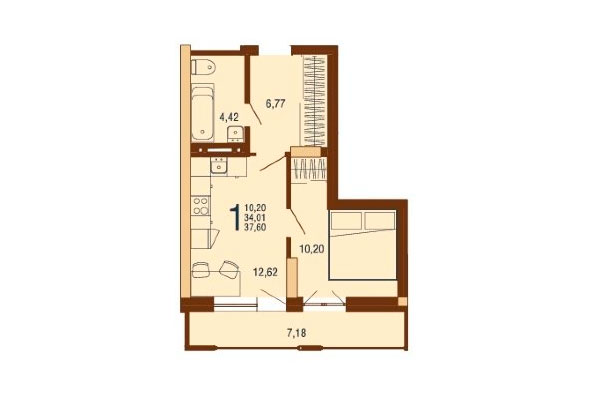 1-комнатная квартира 37,60 м² в Дом на Доватора. Планировка