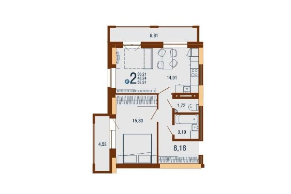 2-комнатная квартира 53,91 м² в Дом на Доватора. Планировка