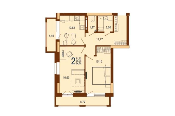 2-комнатная квартира 64,96 м² в Дом на Доватора. Планировка