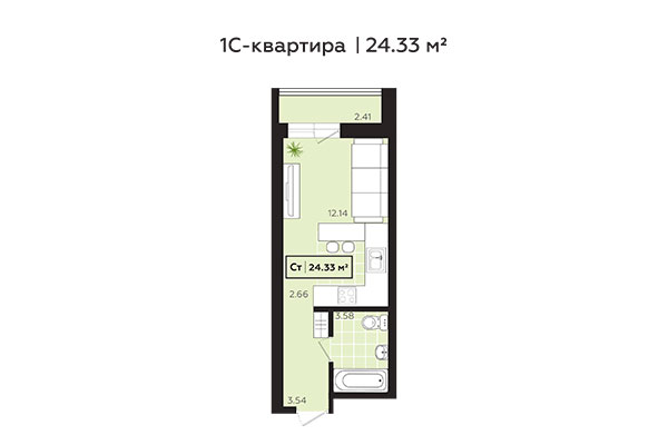 Студия 24,33 м² в ЖК Зоркий. Планировка