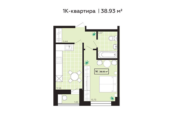 1-комнатная квартира 38,93 м² в ЖК Зоркий. Планировка