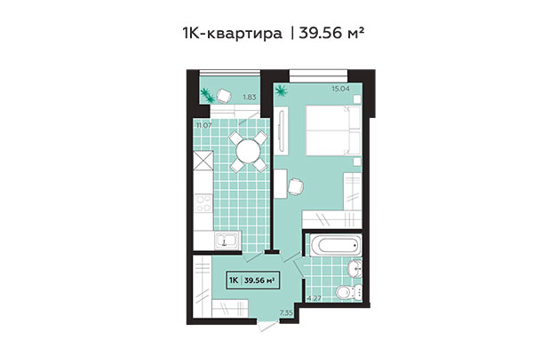 1-комнатная квартира 39,56 м² в ЖК Зоркий. Планировка