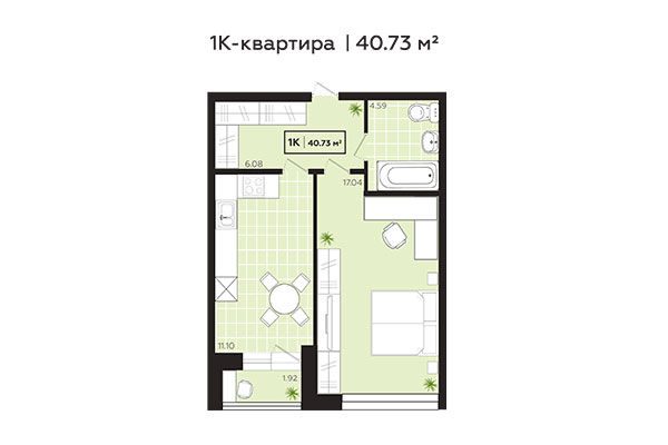 1-комнатная квартира 40,73 м² в ЖК Зоркий. Планировка