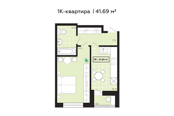 1-комнатная квартира 41,69 м² в ЖК Зоркий. Планировка