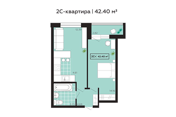 2-комнатная квартира 42,40 м² в ЖК Зоркий. Планировка