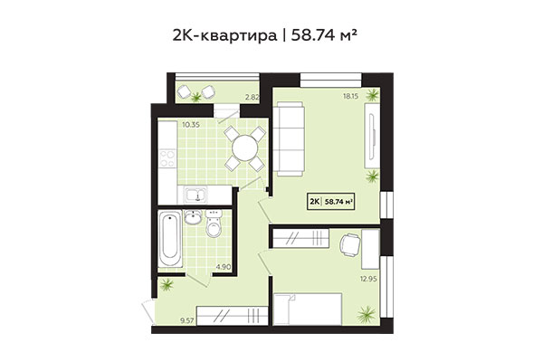 2-комнатная квартира 58,74 м² в ЖК Зоркий. Планировка