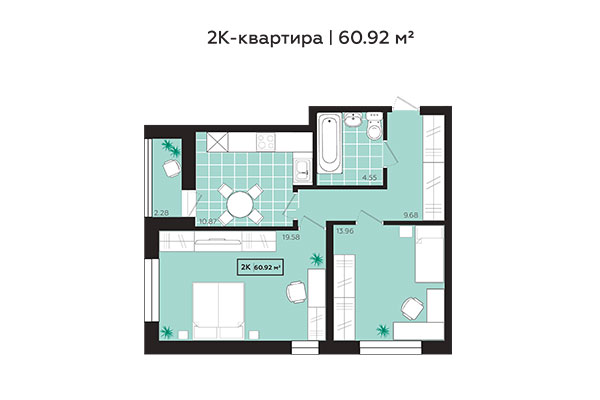 2-комнатная квартира 60,92 м² в ЖК Зоркий. Планировка