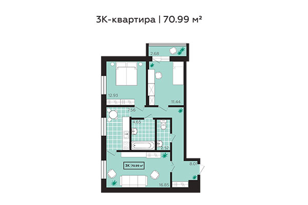 3-комнатная квартира 70,99 м² в ЖК Зоркий. Планировка