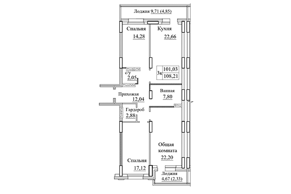 3-комнатная квартира 108,21 м² в ЖК Дом на Дачной. Планировка