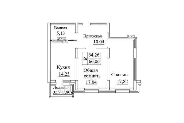 2-комнатная квартира 66,06 м² в ЖК Дом на Дачной. Планировка