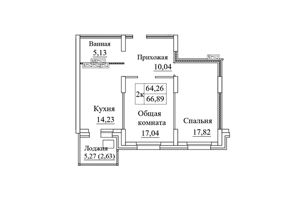 2-комнатная квартира 66,89 м² в ЖК Дом на Дачной. Планировка