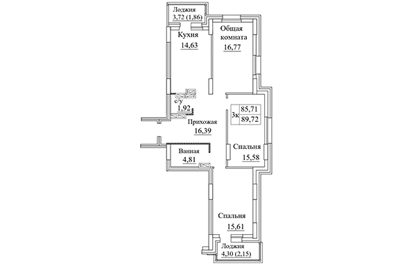 3-комнатная квартира 89,72 м² в ЖК Дом на Дачной. Планировка