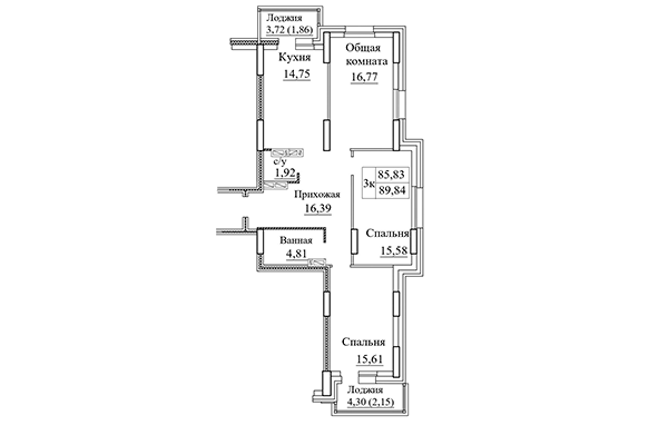 3-комнатная квартира 89,84 м² в ЖК Дом на Дачной. Планировка