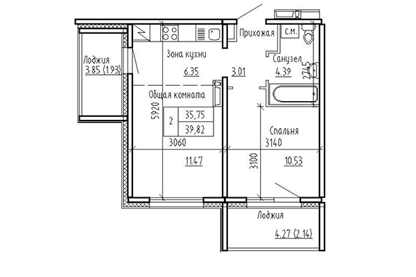 2-комнатная квартира 35,75 м² в ЖК Кольца. Планировка