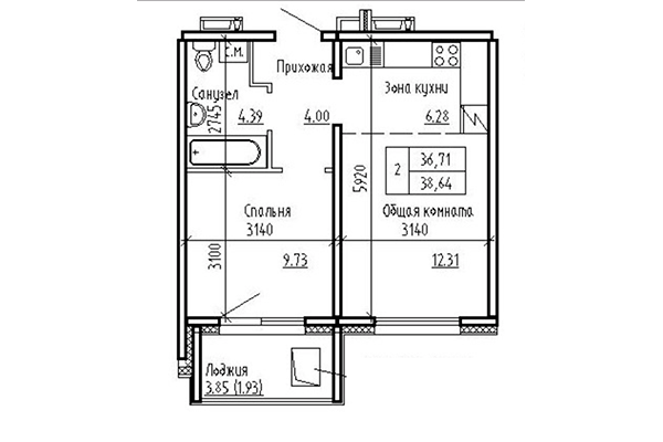 2-комнатная квартира 36,71 м² в ЖК Кольца. Планировка