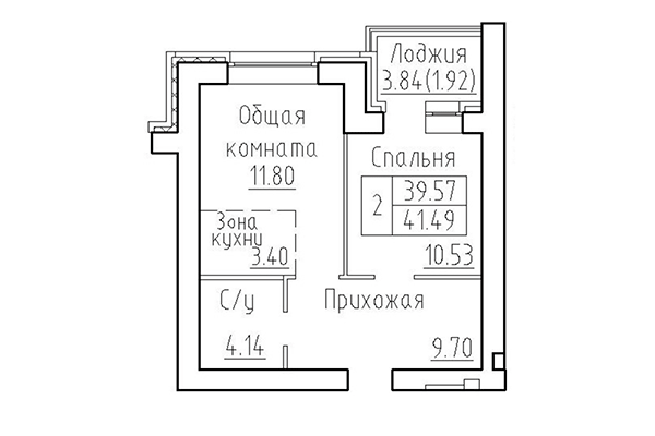 2-комнатная квартира 39,57 м² в ЖК Кольца. Планировка