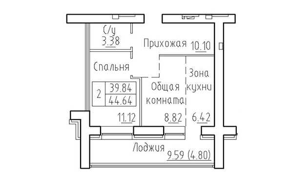 2-комнатная квартира 39,84 м² в ЖК Кольца. Планировка